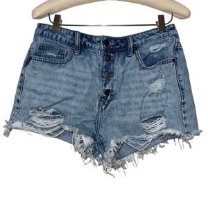 Altar State Denim Distressed Frayed Hem High Rise Button Fly Shorts Size 28